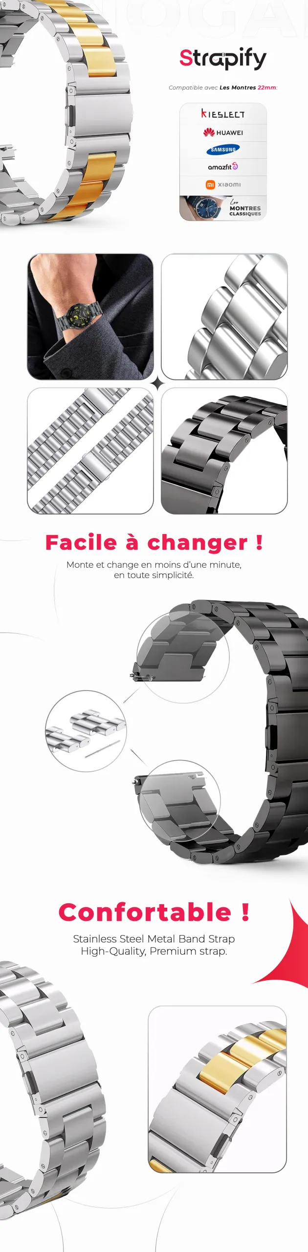 Bracelet acier inoxydable 22 mm