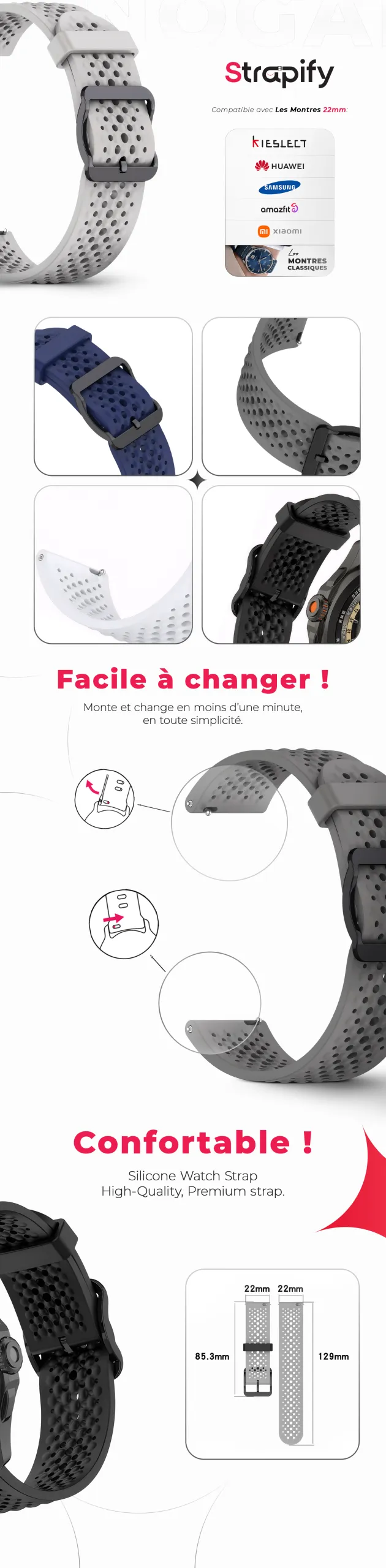 Bracelet silicone sport ventilé 22 mm