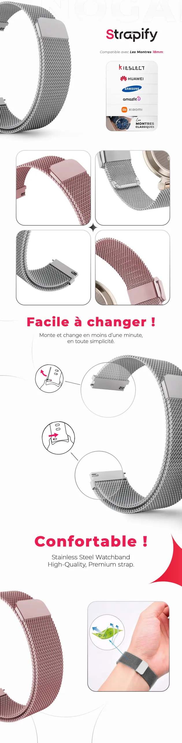 Bracelet acier inoxydable magnétique 18 mm