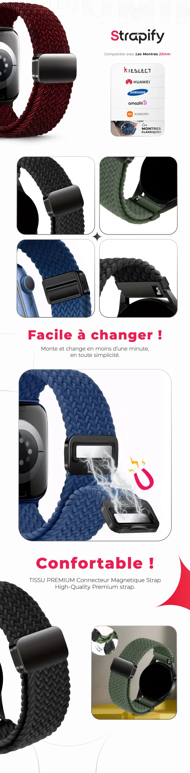 Bracelet tissu premium à connecteur magnétique 22 mm