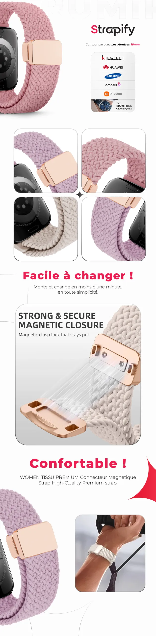 Bracelet tissu à fermeture magnétique 18 mm